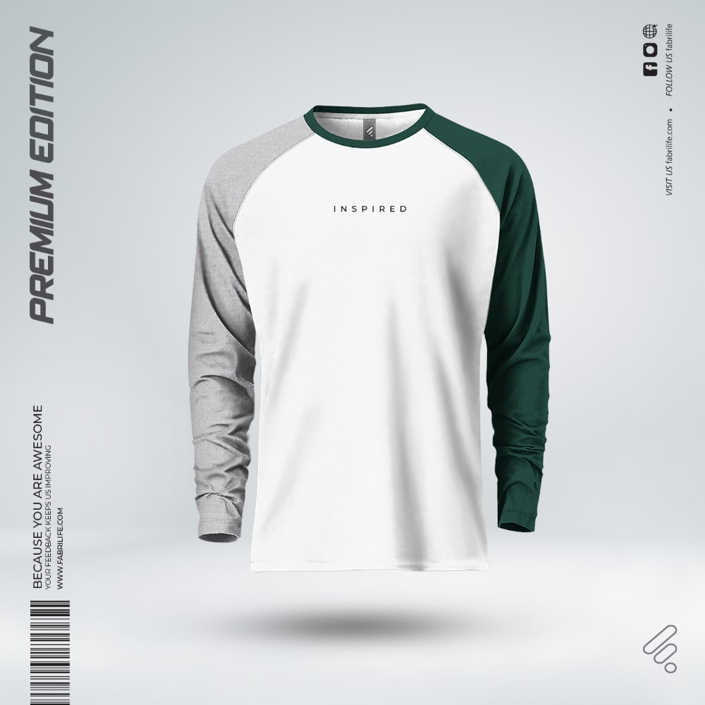 Men Full Sleeve T-Shirt "Inspired" | White/Grey/Green Raglan