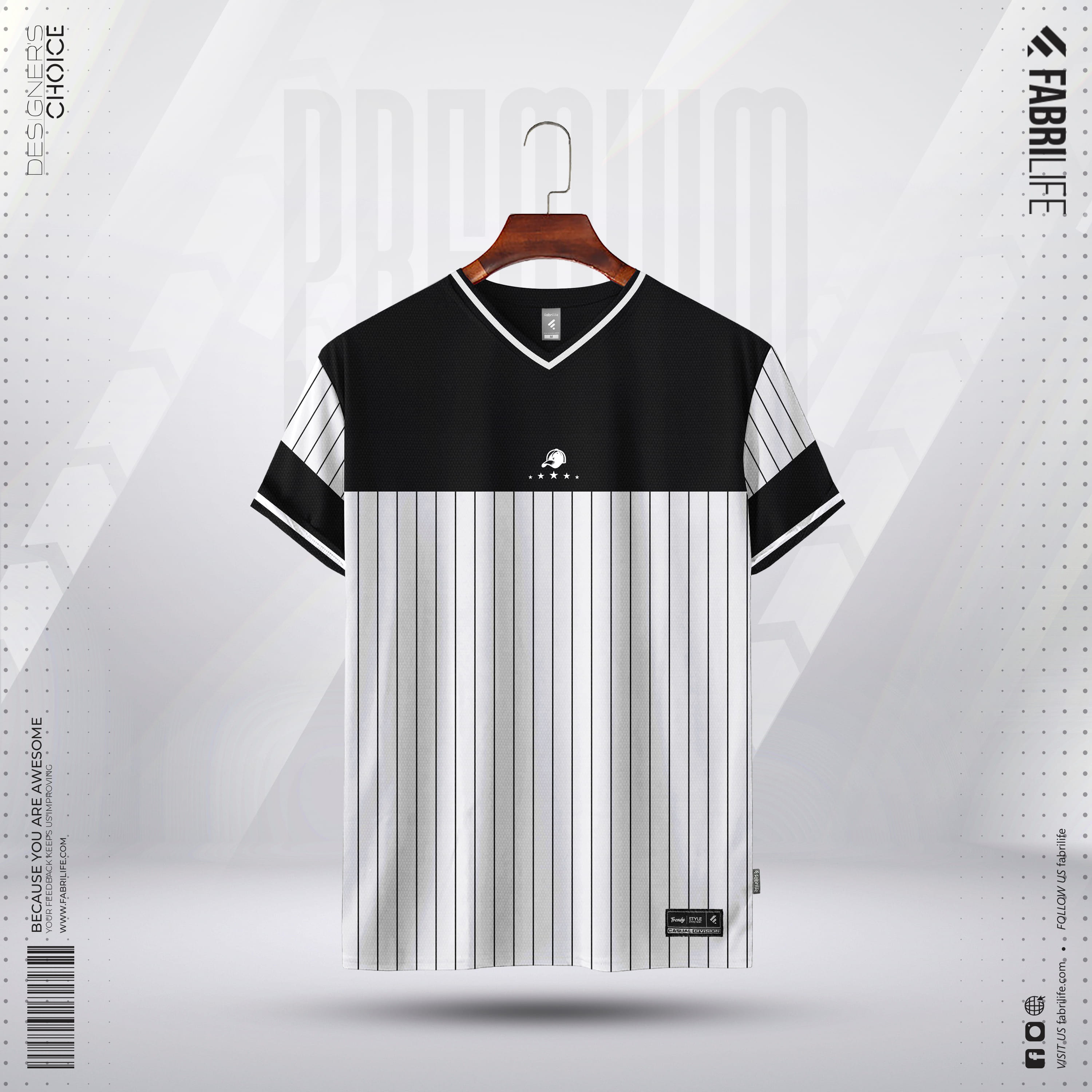 Men Half Sleeve Sports T-Shirt | Black/White Pinstripe V-Neck