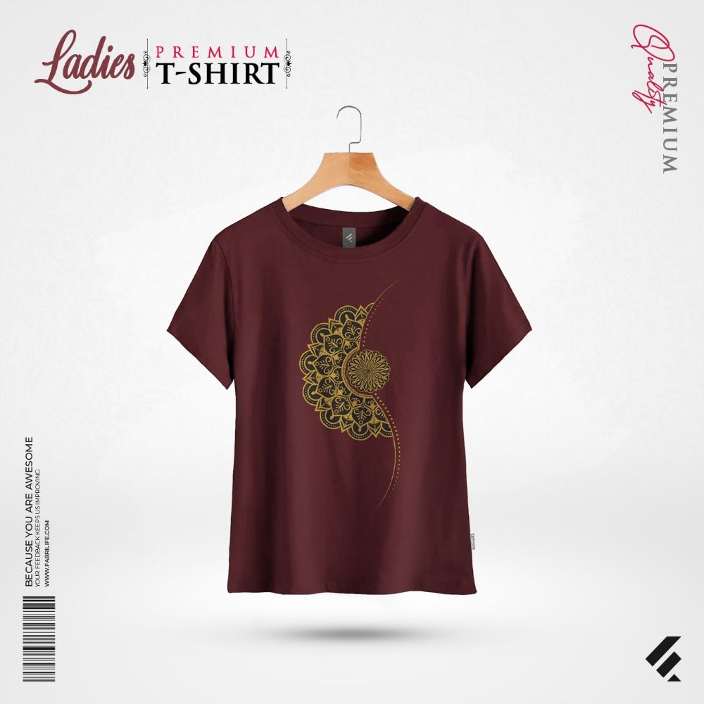 Ladies Premium T-Shirt | Maroon Gold Mandala Print