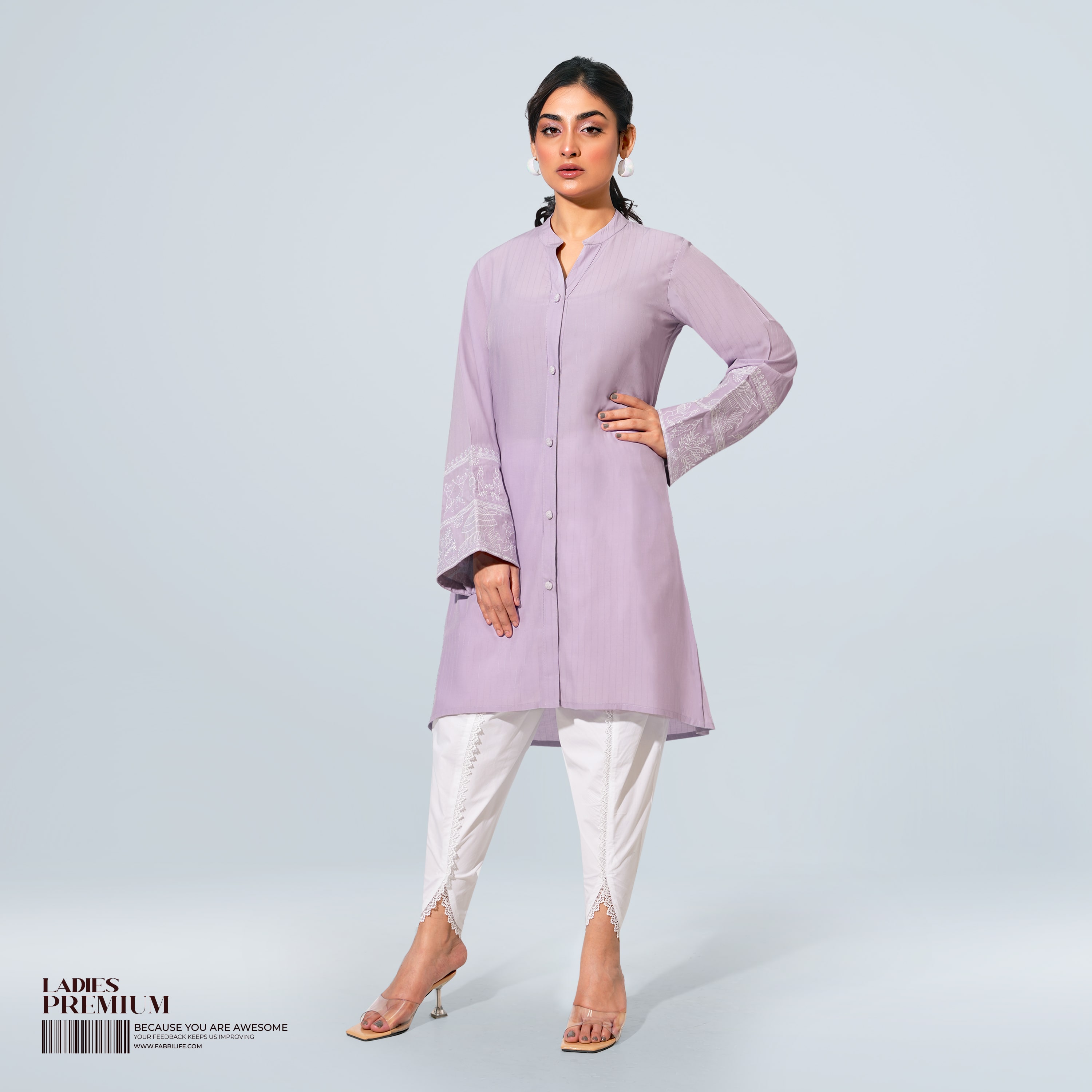 Ladies Premium Long Kurti | Lavender Full Sleeve Button-Down