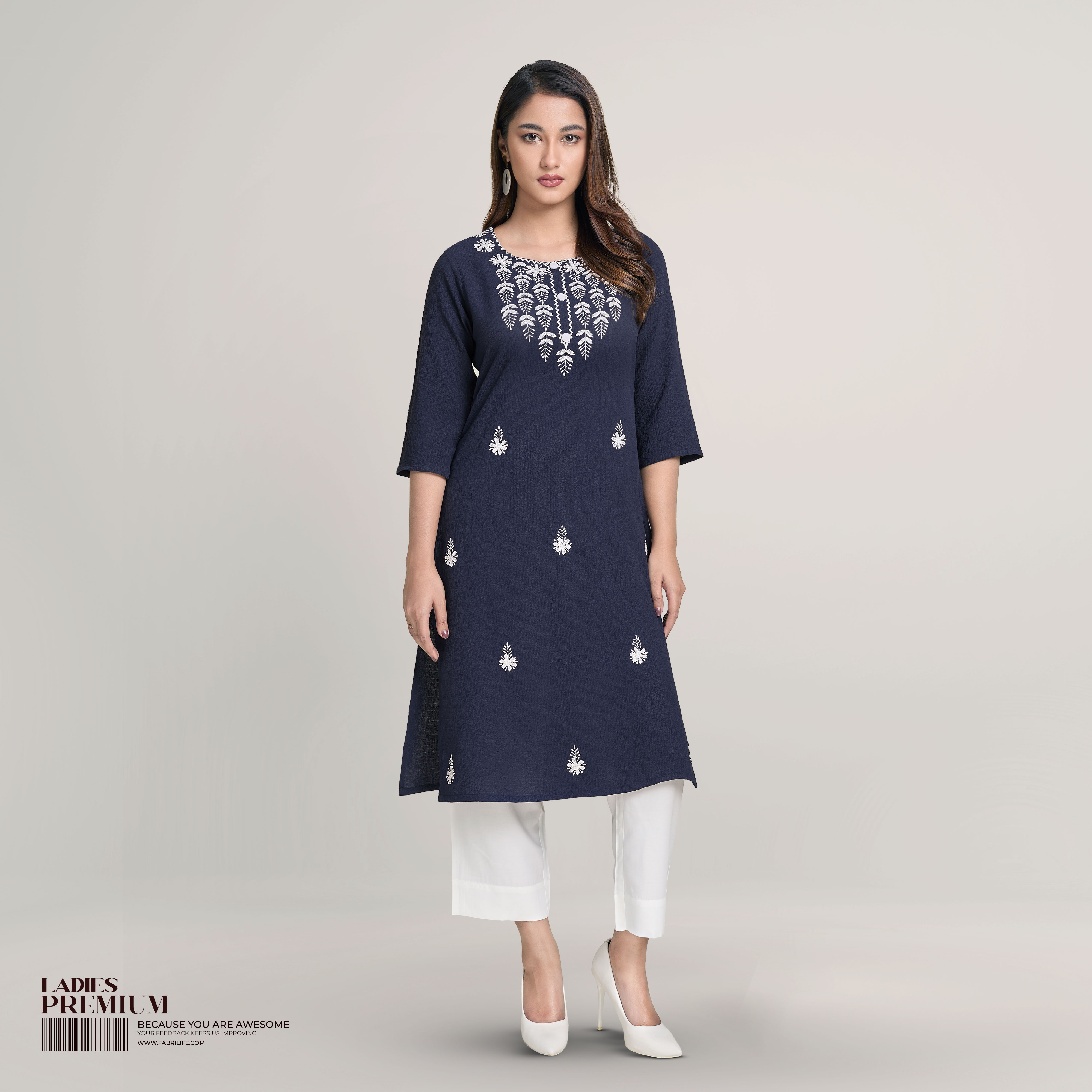 Ladies Premium Long Kurti | Navy Blue Embroidered 3/4 Sleeve