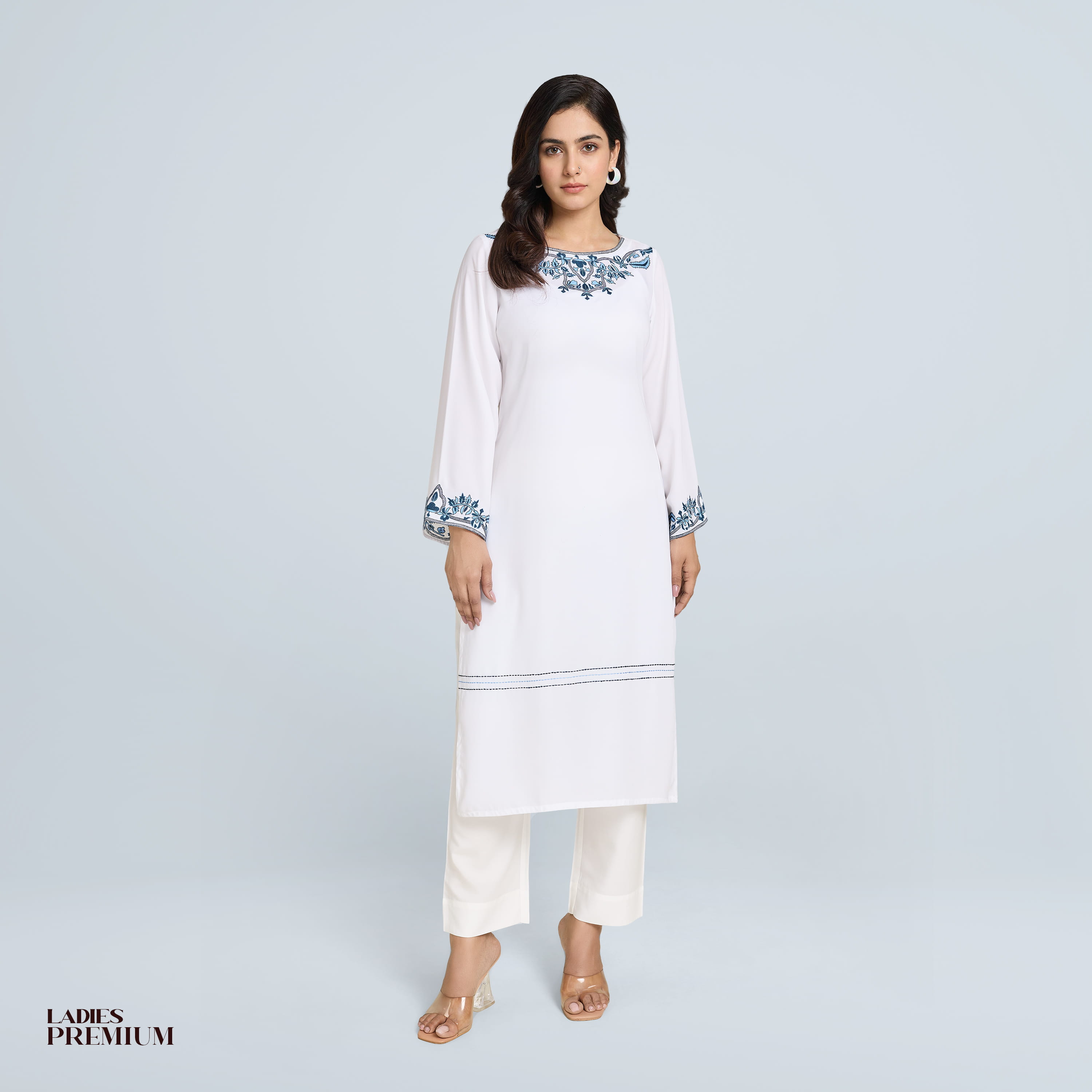 Ladies Premium Long Kurti | White with Blue Embroidery Full Sleeve