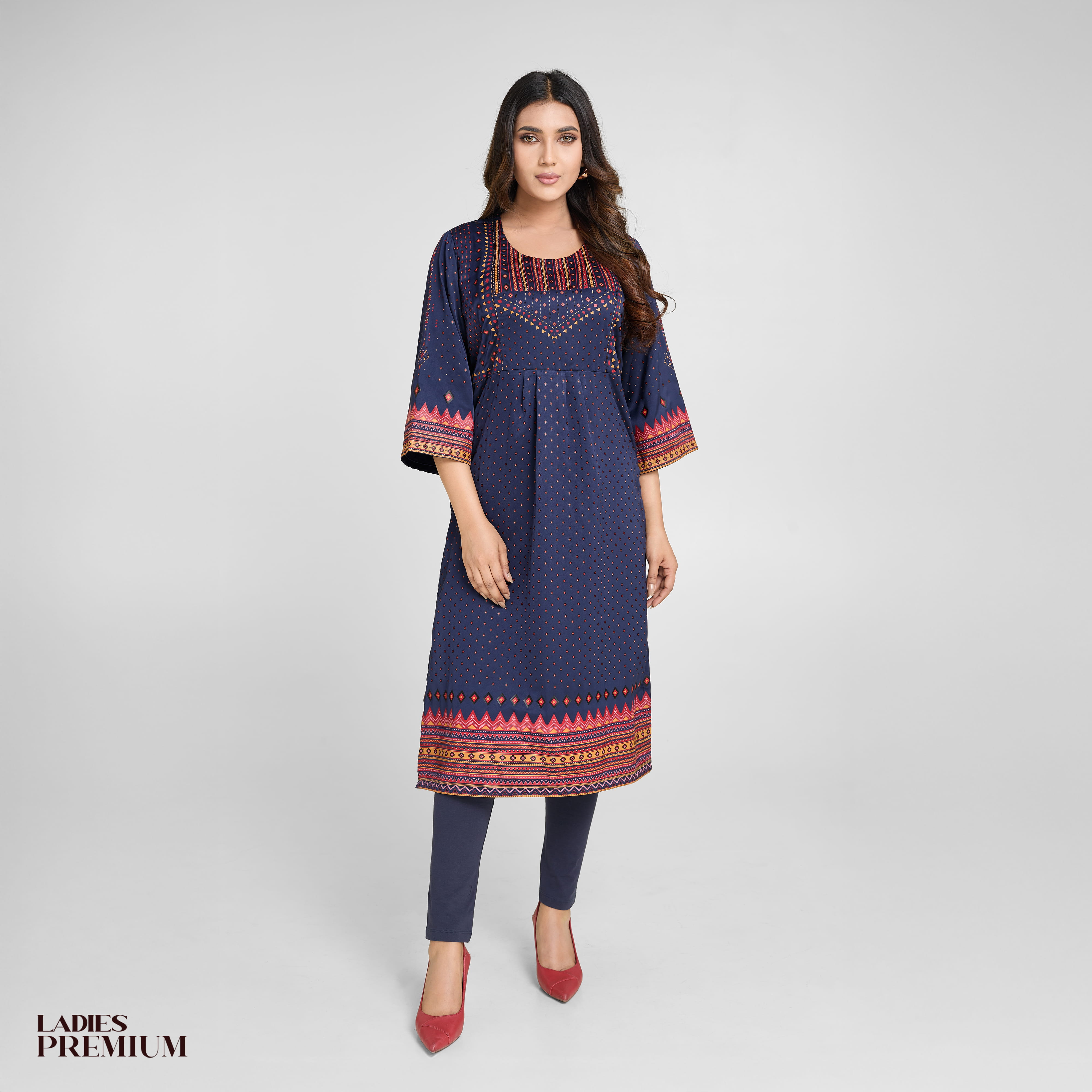 Ladies Premium Long Kurti | Navy Blue Tribal Print 3/4 Sleeve