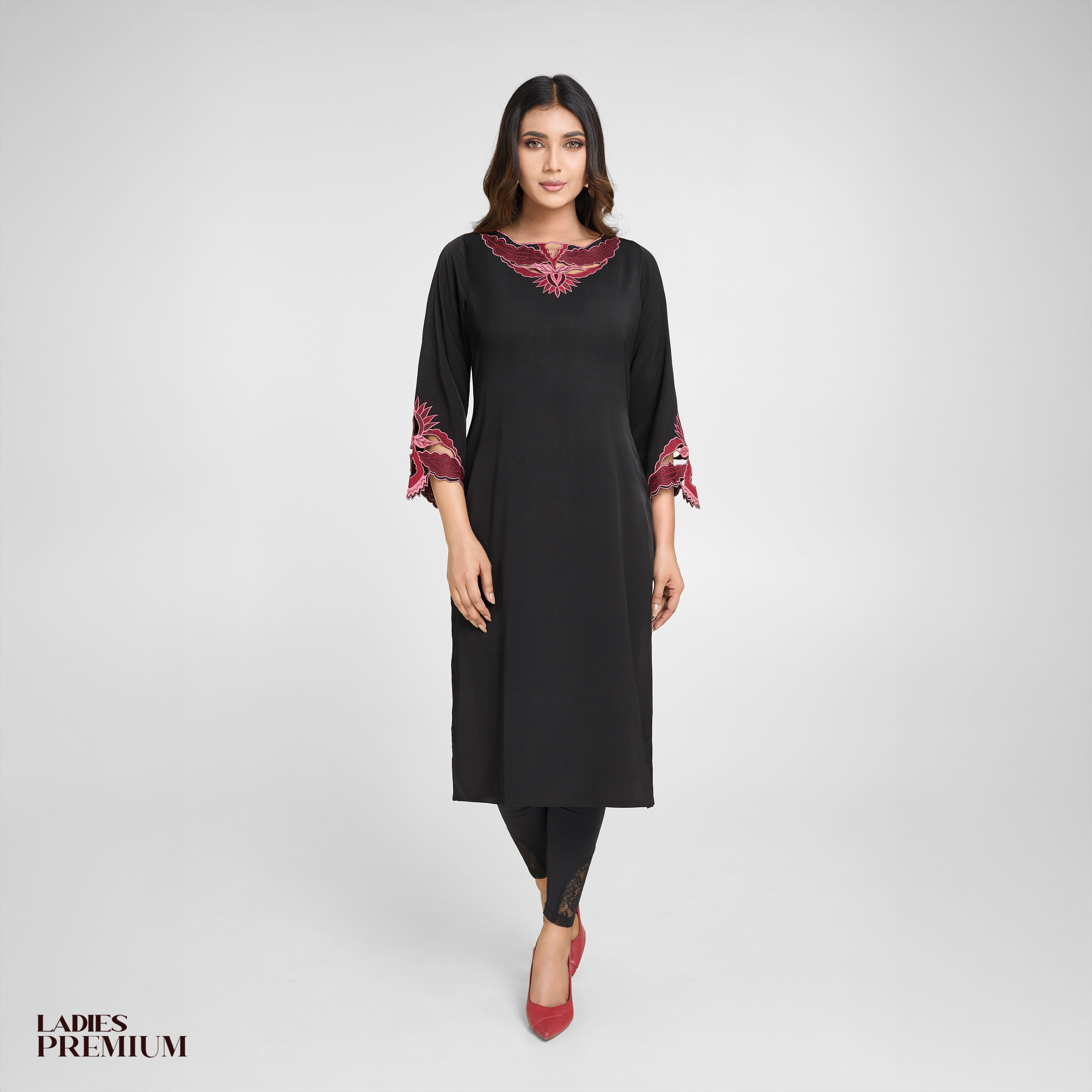 Ladies Premium Long Kurti | Black with Red/Pink Embroidery 3/4 Sleeve