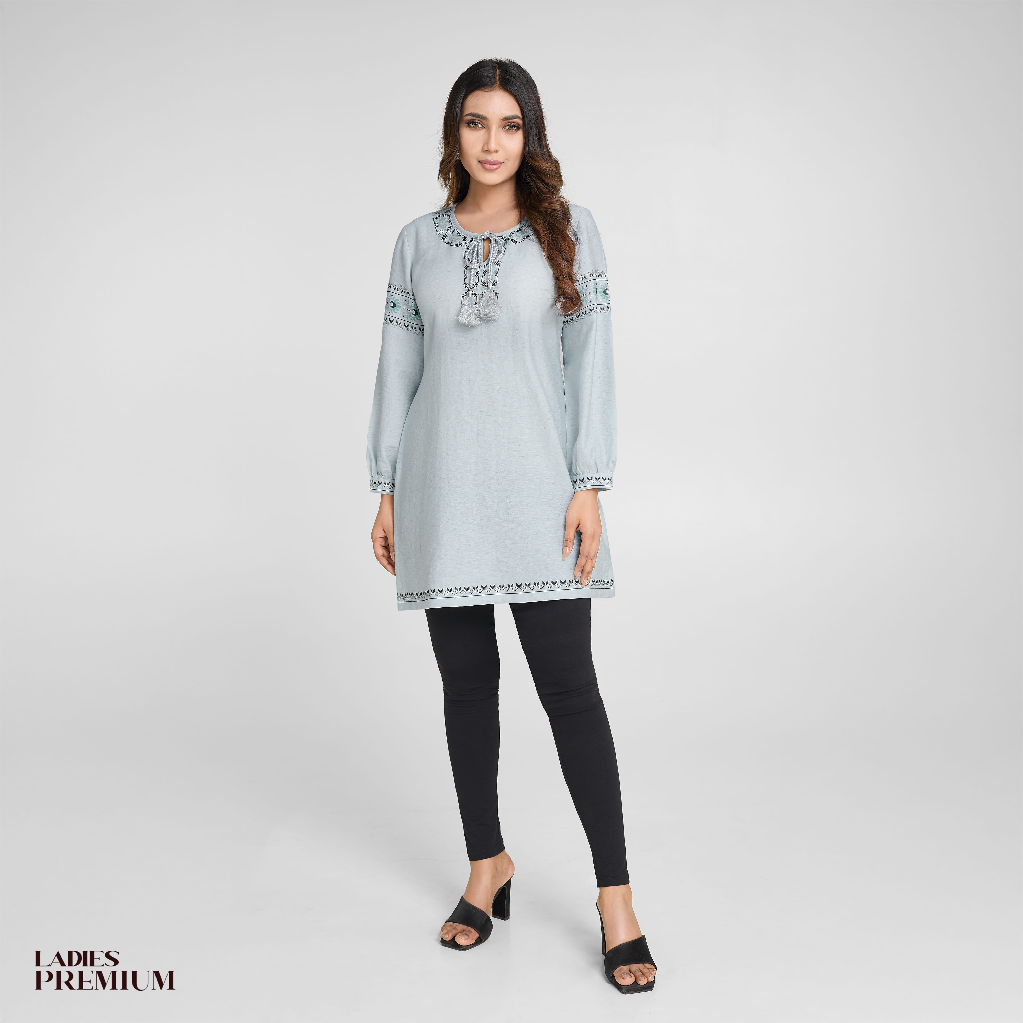 Ladies Premium Tunic | Light Blue Embroidered Tassel Tie-Neck