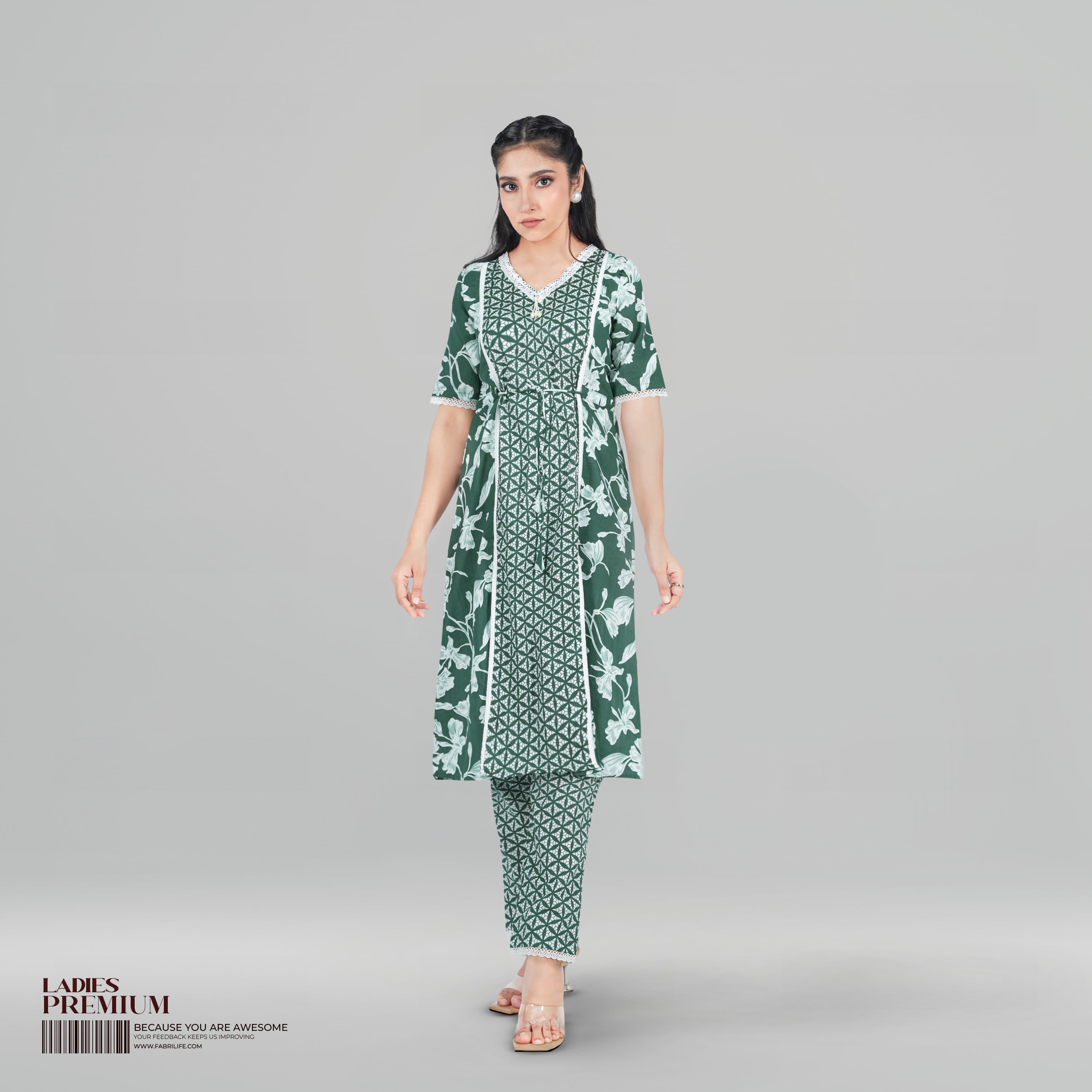 Ladies Premium Casual Tunic | Dark Green Floral Co-Ord Set